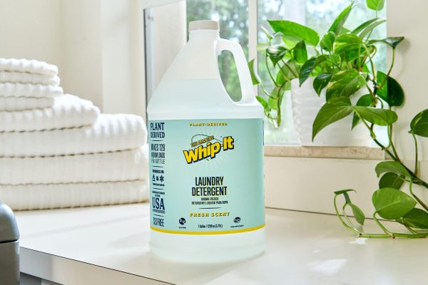 Whip It Liquid Laundry Detergent Bottle on Counter 128 OZ