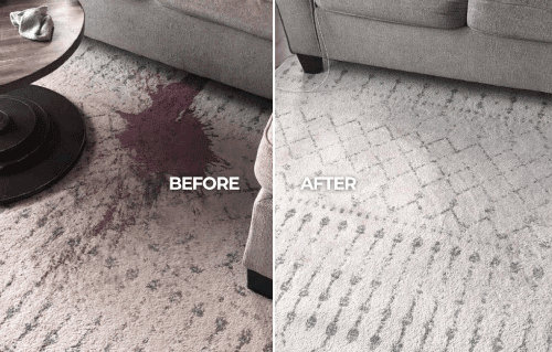 Before and after wine stain removal from rug